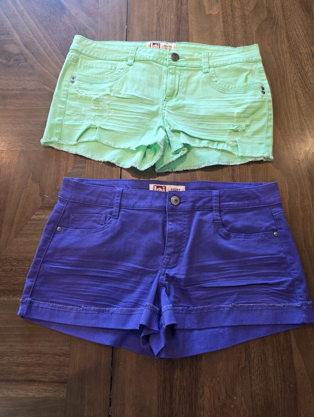 Lei: Ashley Denim Shorts Sz 13 Mint Green & Purple Distressed Cuffed Hem Set 2